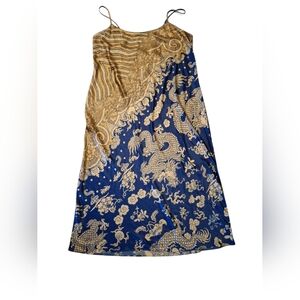 NATORI Blue And Gold Satin Dragon Slip Dress Asian Y2K Size XL